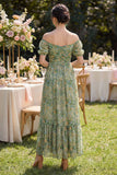 Robe Maxi à manches bouffantes vertes vertes poussiéreuses à manches bouffantes fleuries A Line avec fente
