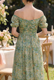Robe Maxi à manches bouffantes vertes vertes poussiéreuses à manches bouffantes fleuries A Line avec fente