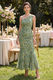 Robe Maxi fleurie à une épaule en sirène verte poussiéreuse et froncée