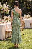 Robe Maxi fleurie à une épaule en sirène verte poussiéreuse et froncée