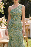 Robe Maxi fleurie à une épaule en sirène verte poussiéreuse et froncée