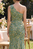 Robe Maxi fleurie à une épaule en sirène verte poussiéreuse et froncée