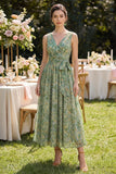 Robe Midi fleur en V à col froncé vert poussiéreux avec nœud