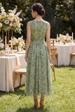 Robe Midi fleur en V à col froncé vert poussiéreux avec nœud