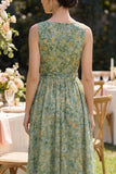 Robe Midi fleur en V à col froncé vert poussiéreux avec nœud