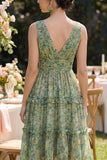 Robe midi fleurie à col en V à décolleté vert poussiéreux froncé