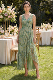 Robe fleurie haute à fourreau vert poussiéreux à col en V et basse avec volants