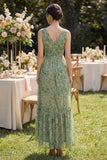 Robe fleurie haute à fourreau vert poussiéreux à col en V et basse avec volants