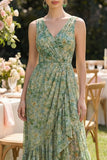 Robe fleurie haute à fourreau vert poussiéreux à col en V et basse avec volants