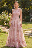 robe longue fleurie froncée en tulle rose fuchsia à une épaule