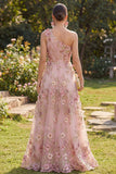 robe longue fleurie froncée en tulle rose fuchsia à une épaule
