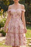 Robe midi fleurie en tulle fuchsia rose en ligne A décollée sur l’épaule