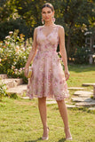 Robe midi fleur appliquée en col en V en tulle rose fuchsia en ligne A