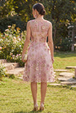Robe midi fleur appliquée en col en V en tulle rose fuchsia en ligne A
