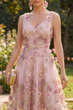 Robe midi fleur appliquée en col en V en tulle rose fuchsia en ligne A