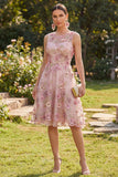 Robe midi fleurie à col rond en tulle rose fuchsia à col rond