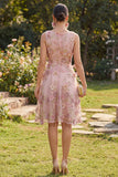 Robe midi fleurie à col rond en tulle rose fuchsia à col rond