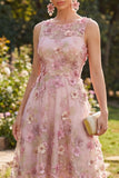 Robe midi fleurie à col rond en tulle rose fuchsia à col rond