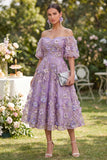 Robe midi en tulle ligne A à lignes tombantes, bleu plissé et perlé