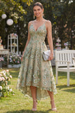 Robe midi fleurie midi en tulle vert poussiéreux en ligne A appliquée