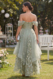 Organza à épaules décalées, corset midi appliqué vert poussiéreux