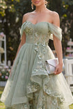Organza à épaules décalées, corset midi appliqué vert poussiéreux