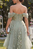 Organza à épaules décalées, corset midi appliqué vert poussiéreux