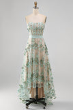 Corset sauge poussiéreux haute perles bretelles ligne A basse robe longue invitée avec appliques