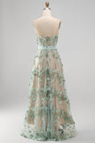 Corset sauge poussiéreux haute perles bretelles ligne A basse robe longue invitée avec appliques