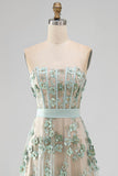 Corset sauge poussiéreux haute perles bretelles ligne A basse robe longue invitée avec appliques