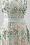 Corset sauge poussiéreux haute perles bretelles ligne A basse robe longue invitée avec appliques