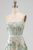 Corset sauge poussiéreux haute perles bretelles ligne A basse robe longue invitée avec appliques