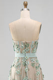 Corset sauge poussiéreux haute perles bretelles ligne A basse robe longue invitée avec appliques