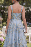 Robe midi fleurie midi plissée en tulle bleu ligne A