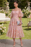 Robe midi fleurie midi plissée à perles à boutons en tulle rose orange sur les épaules décollées