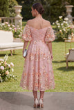 Robe midi fleurie midi plissée à perles à boutons en tulle rose orange sur les épaules décollées