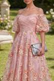 Robe midi fleurie midi plissée à perles à boutons en tulle rose orange sur les épaules décollées