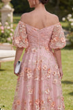 Robe midi fleurie midi plissée à perles à boutons en tulle rose orange sur les épaules décollées