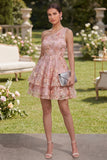 Mini robe florale à perles en tulle rose orange ligne A à une épaule