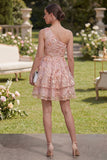 Mini robe florale à perles en tulle rose orange ligne A à une épaule