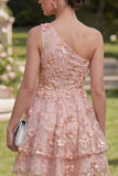 Mini robe florale à perles en tulle rose orange ligne A à une épaule