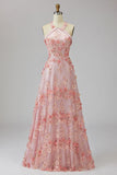 Robe longue fleurie, perlée et perlée, en tulle rose A-line