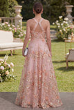 Robe longue fleurie, perlée et perlée, en tulle rose A-line