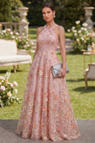 Robe longue fleurie, perlée et perlée, en tulle rose A-line