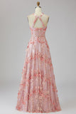 Robe longue fleurie, perlée et perlée, en tulle rose A-line