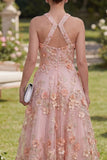 Robe longue fleurie, perlée et perlée, en tulle rose A-line