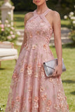 Robe longue fleurie, perlée et perlée, en tulle rose A-line