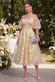 Robe midi à manches bouffantes jaune clair fleur froncée