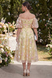 Robe midi à manches bouffantes jaune clair fleur froncée