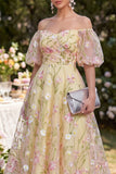 Robe midi à manches bouffantes jaune clair fleur froncée